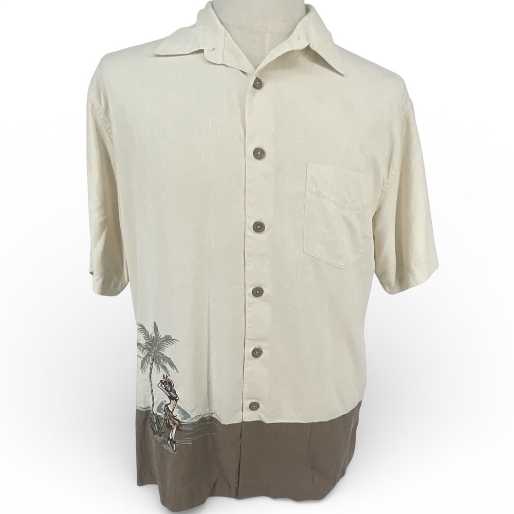 Quiksilver Edition Mens Silk Aloha Shirt Hula‎ Girl Embroidered Cream Brown M